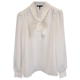 Top a maniche lunghe con fiocco al collo in seta bianca Maje Bianco