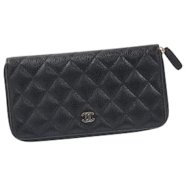 Chanel-Portefeuille long zippé Chanel en cuir noir-Noir