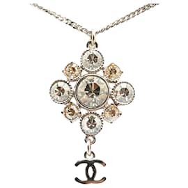 Chanel-Chanel Silver Silver Plated CC Crystal Pendant Necklace-Silvery