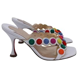 Christian Louboutin-Christian Louboutin Smarta 85 Cross-Strapped With Pom Pom Dots Sandal Heels in White Leather-White