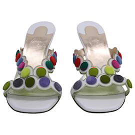 Christian Louboutin-Christian Louboutin Smarta 85 Cross-Strapped With Pom Pom Dots Sandal Heels in White Leather-White