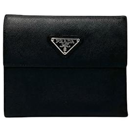 Prada-Portefeuille Prada Saffiano Trifold en cuir, portefeuille court en excellent état-Noir