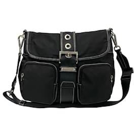 Prada-Prada Saffiano Leather Nylon Shoulder Bag Leather Shoulder Bag 47894 in Very Good Condition-Black