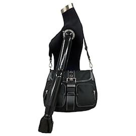 Prada-Prada Saffiano Leather Nylon Shoulder Bag Leather Shoulder Bag 47894 in Very Good Condition-Black