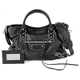 Balenciaga-Balenciaga Balenciaga Le City Metallic Medium shoulder bag in black leather-Black