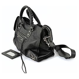 Balenciaga-Balenciaga Balenciaga Le City Metallic Medium shoulder bag in black leather-Black