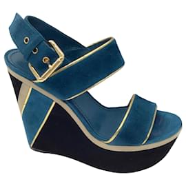 Louis Vuitton-Louis Vuitton Teal / Beige / Black Suede Platform Wedge Sandals-Multiple colors