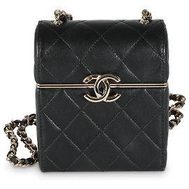 Chanel 23C Vanity aus schwarzem, gestepptem Lammleder mit Boxenkette Schwarz