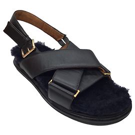 Marni Black Fussbett Shearling Lined Cross Strap Leather Slingback Sandals Black
