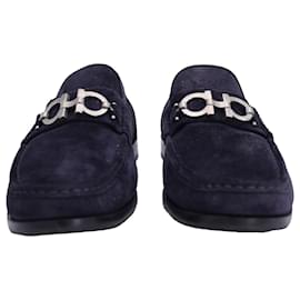 Salvatore Ferragamo-Salvatore Ferragamo Gancini Loafers in Navy Blue Suede-Blue,Navy blue