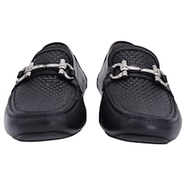 Salvatore Ferragamo-Salvatore Ferragamo Woven Gancini Moccasin Loafers in Black Leather-Black