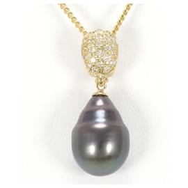 & Other Stories-K18 Yellow Gold Pearl Diamond Necklace in Pristine Condition-Golden