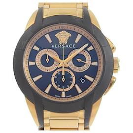 Versace-Relógio de pulso quartz para homem Versace com cronógrafo, função de data e mostrador preto, GP/rubber dourado em ótimo estado-Dourado