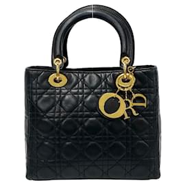 Dior-Dior Lady Dior Cannage Medium Handtasche aus schwarzem Leder 11785 in gutem Zustand-Schwarz