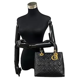 Dior-Dior Lady Dior Cannage Medium Handtasche aus schwarzem Leder 11785 in gutem Zustand-Schwarz