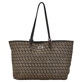 Fendi-Fendi Zucchino Canvas Leather Tote Bag 8BH127 in Very Good Condition-Brown