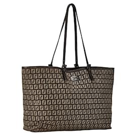 Fendi-Fendi Zucchino Canvas Leather Tote Bag 8BH127 in Very Good Condition-Brown