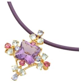 & Other Stories-Jeunet K18YG Brooch Necklace with Leather, Amethyst, Zoisite, Aquamarine, and Pink Tourmaline (Amethyst 4.43ct) - Beautiful Purple Ladies Accessory in Excellent Condition-Purple