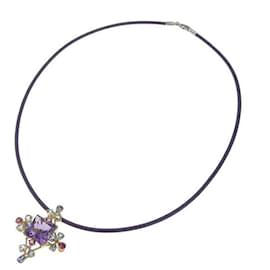 & Other Stories-Jeunet K 18Collier broche YG avec cuir , améthyste, Zoisite , Bleu vert, et tourmaline rose (améthyste 4.43ct) - Magnifique accessoire violet pour femme en excellent état-Violet