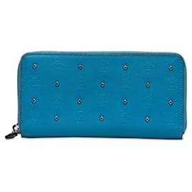 MCM-MCM Visetos Logo Studded Zip-Around Wallet Blue PVC in Very Good Condition-Blue