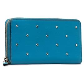 MCM-MCM Visetos Logo Studded Zip-Around Wallet Blue PVC in Very Good Condition-Blue