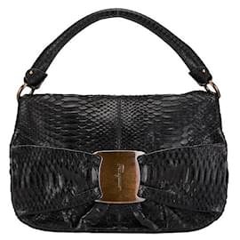 Salvatore Ferragamo-Salvatore Ferragamo Python Logo Vara Ribbon Leather Handbag in Very Good Condition-Black