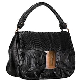 Salvatore Ferragamo-Salvatore Ferragamo Python Logo Vara Ribbon Leather Handbag in Very Good Condition-Black