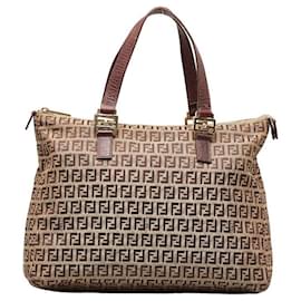 Fendi-Fendi Zucchino Canvas Leather Handbag Tote 8BH138 in Very Good Condition-Beige