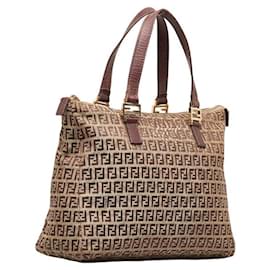 Fendi-Fendi Zucchino Canvas Leather Handbag Tote 8BH138 in Very Good Condition-Beige