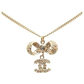 Chanel-Chanel Gold Gold Plated CC Crystal Ribbon Bow Pendant Necklace-Golden