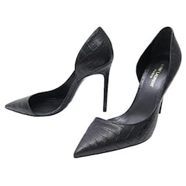 Saint Laurent-NINE SAINT LAURENT SHOES 39 EMBOSSED LEATHER CROCODILE STYLE PUMPS-Black