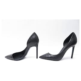 Saint Laurent-NINE SAINT LAURENT SHOES 39 EMBOSSED LEATHER CROCODILE STYLE PUMPS-Black