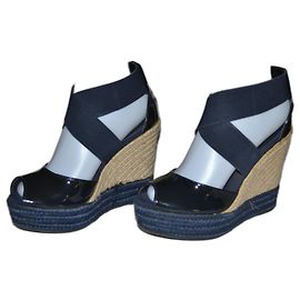 Ralph Lauren Patent Leather Wedges Black Blue Black Blue