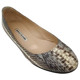 Bailarinas de cuero de serpiente beige / gris Manolo Blahnik Beige