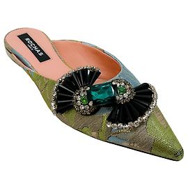 Rochas Green / Blue Jacquard Mules with Crystal Embellishments Green