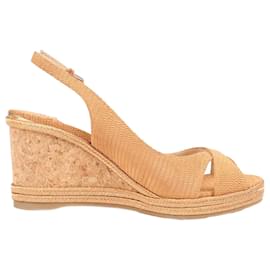 Sandalias de cuña de nobuk y cuero Jimmy Choo 38 en camello AMELY 80 con tira trasera Camello