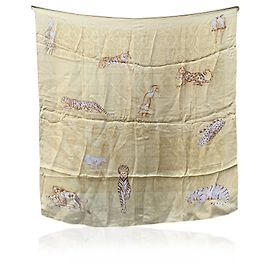 Cartier Lenço de seda com padrão animal de panteras e tigres em chiffon bege Bege