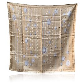 Cartier Paris Vintage Beige Jacquard Logo Pattern Silk Scarf Beige