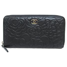 Chanel-Cartera larga de cuero Chanel Camelia redonda A50085 en excelente estado-Negro