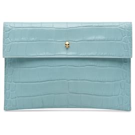 Alexander Mcqueen-Alexander McQueen Blue Embossed Leather Skull Clutch-Blue,Light blue