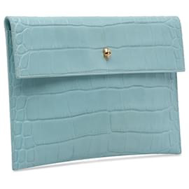 Alexander Mcqueen-Alexander McQueen Blue Embossed Leather Skull Clutch-Blue,Light blue