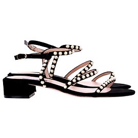 Stuart Weitzman Pierette Embellished Strappy Low Heel Sandals in Black Suede Black