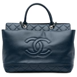 Chanel-Chanel Blue Large Soft Caviar Leather Top Handle Tote-Blue,Navy blue