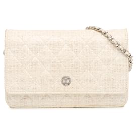 Chanel-Chanel Brown CC beschichtete Tweed-Geldbörse mit Kette-Braun,Beige