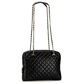 Chanel-Sac à épaule en cuir d'agneau matelassé noir Chanel avec chaîne-Noir