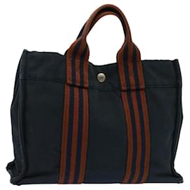 Hermès-HERMES Fourre Tout PM Sac à Main Toile Marron Marine Auth 77706-Marron,Bleu Marine