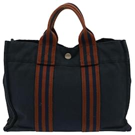 Hermès-HERMES Fourre Tout PM Sac à Main Toile Marron Marine Auth 77706-Marron,Bleu Marine