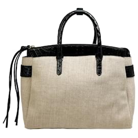 Nancy Gonzalez-Nancy Gonzalez Canvas and Crocodile Tote with Removable Pouch-Beige