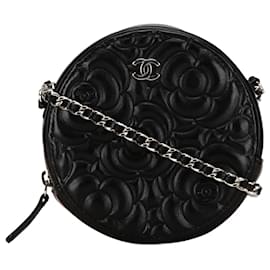 Chanel-Runder Clutch aus schwarzem Ziegenleder mit Kette von Chanel Camellia-Schwarz