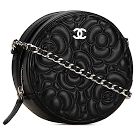 Chanel-Runder Clutch aus schwarzem Ziegenleder mit Kette von Chanel Camellia-Schwarz